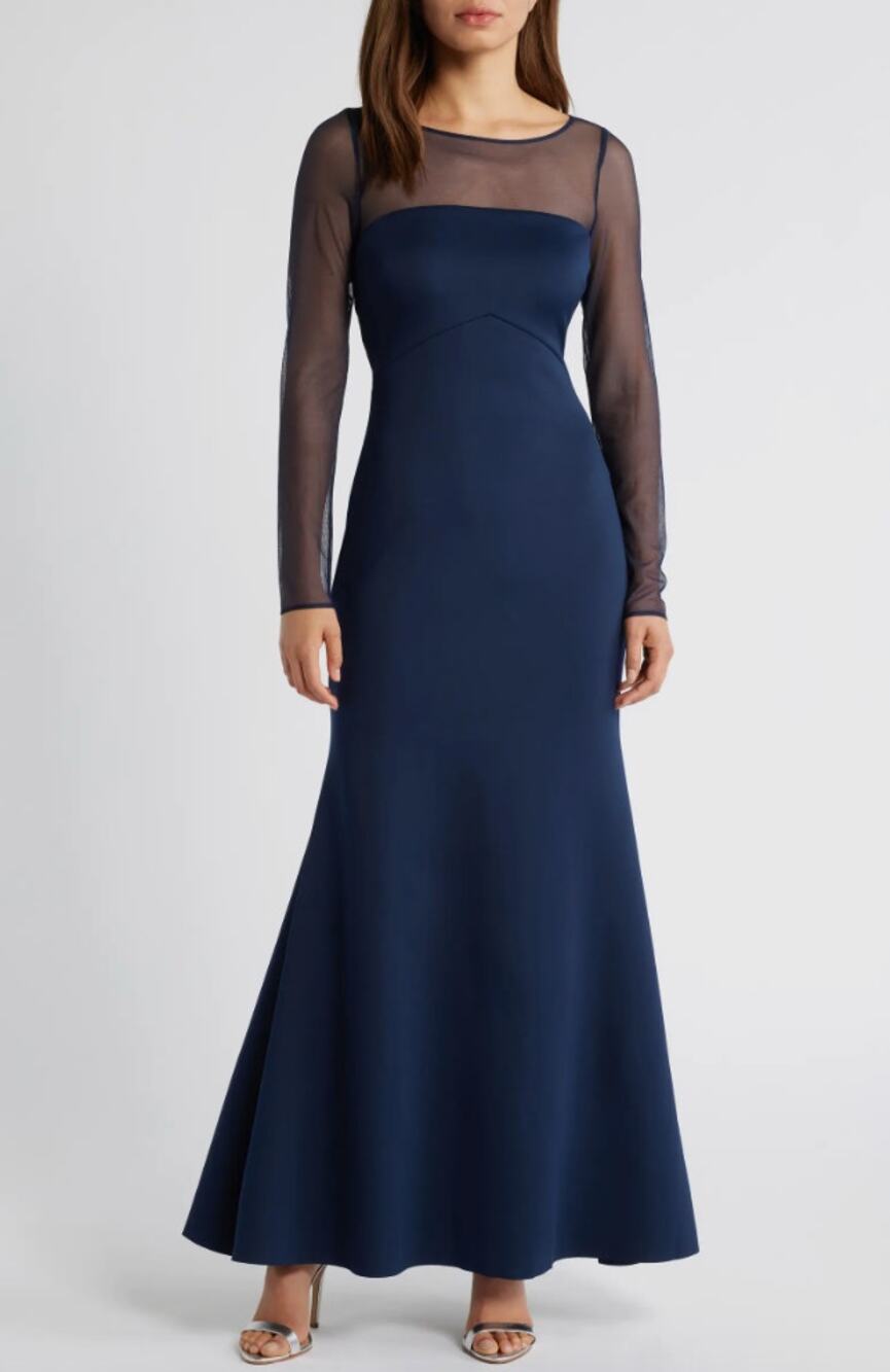 Eliza J Rosette Mesh Trim Long Sleeve Gown Maxi Dress Formal Navy US 14 NWT